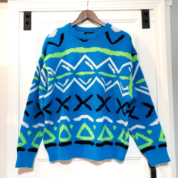 Mountain Lid Woolens Geometric Knit Sweater Mens L Pullover Crewneck Blue USA - Picture 1 of 8